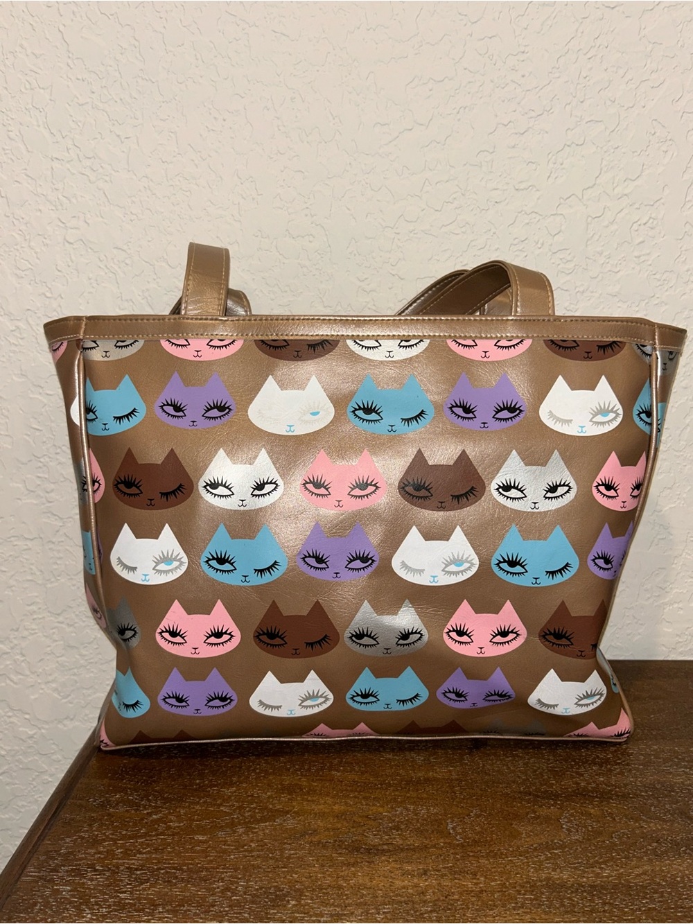 Fluff Winking Cat Print Shoulder Statement Purse Bag